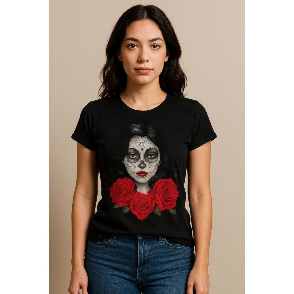 Bay Island Sportswear Sugar Skull Woman Graphic Tee Black Red Roses Size L